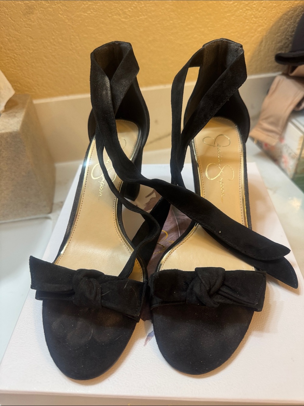 Jessica Simpson Black Suede Tie-Ankle Bow Heels